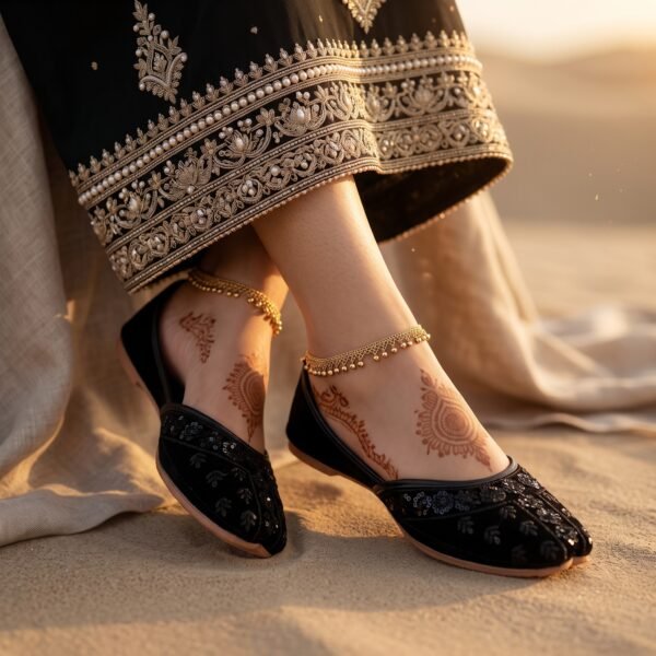 Siyah Velvet All Black Handmade Khussa for Women