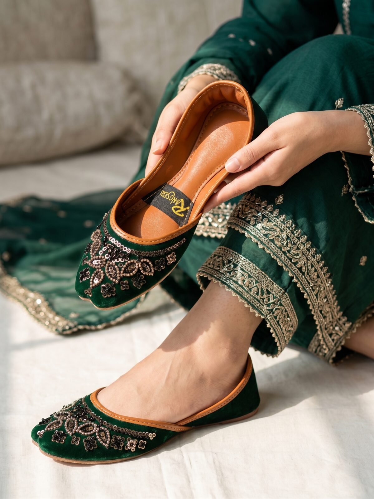Green Handmade Khussa for Women - Image 1