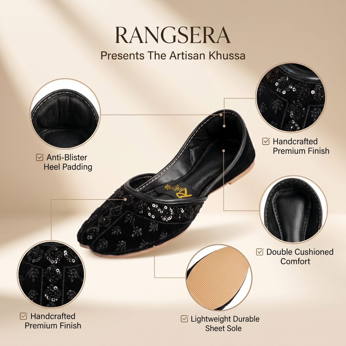 Siyah Velvet All Black Handmade Khussa for Women - Image 2