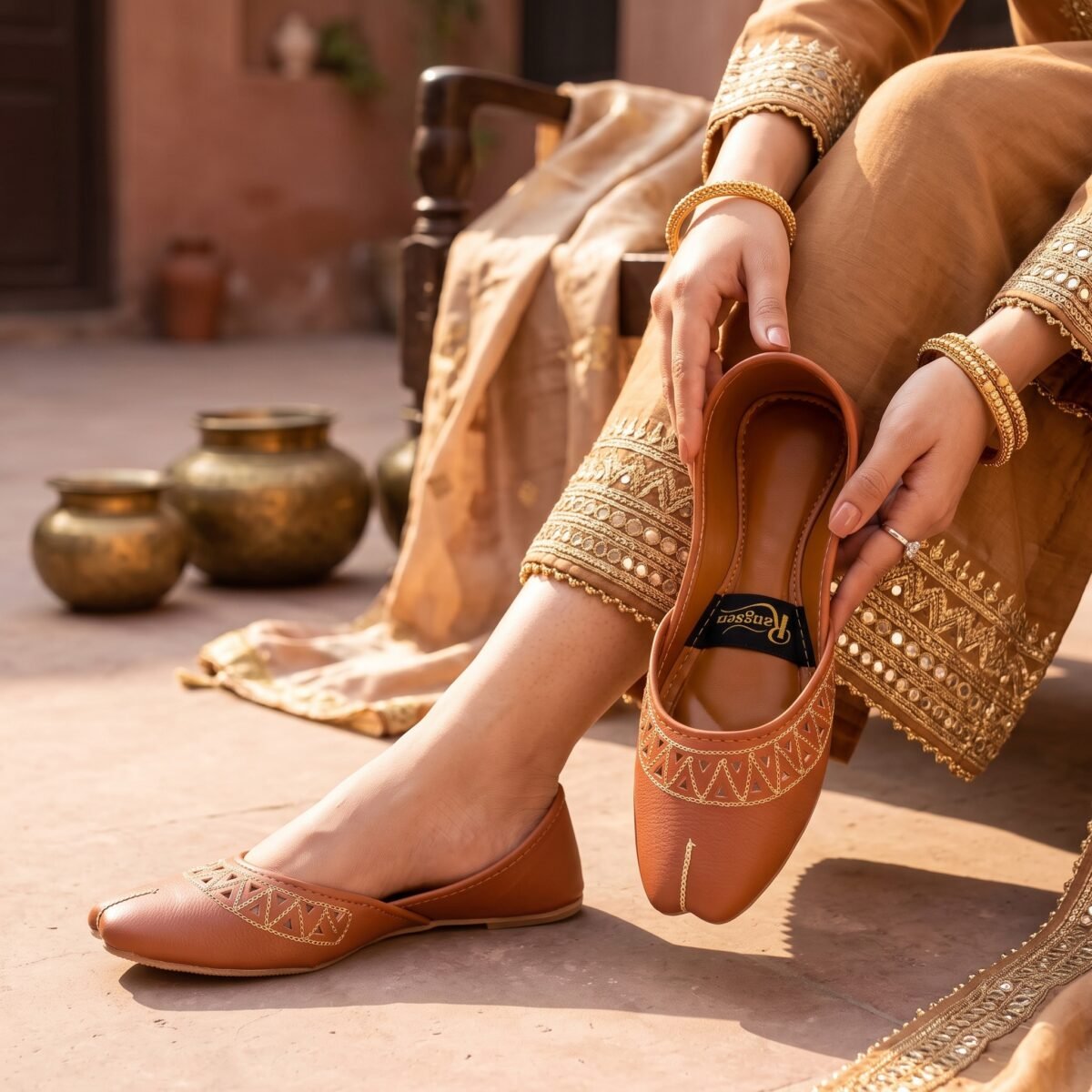 Traditional Mustard  Handmade Khussa  with Tilla Work - Image 1